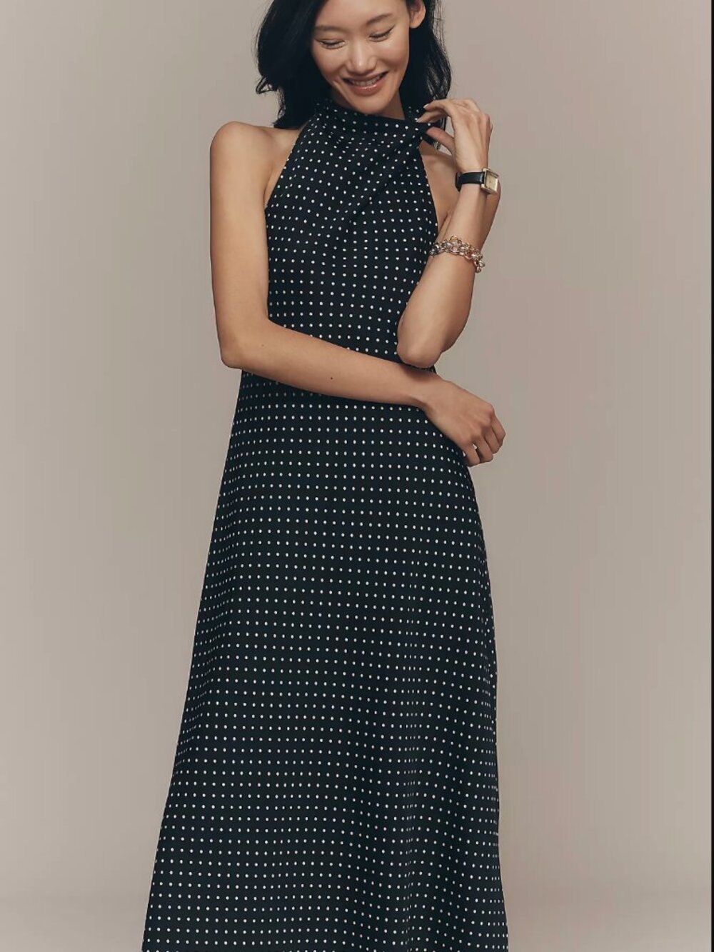 Anthropologie Maeve Jamie Satin Halter Midi Dress in Polka Dot